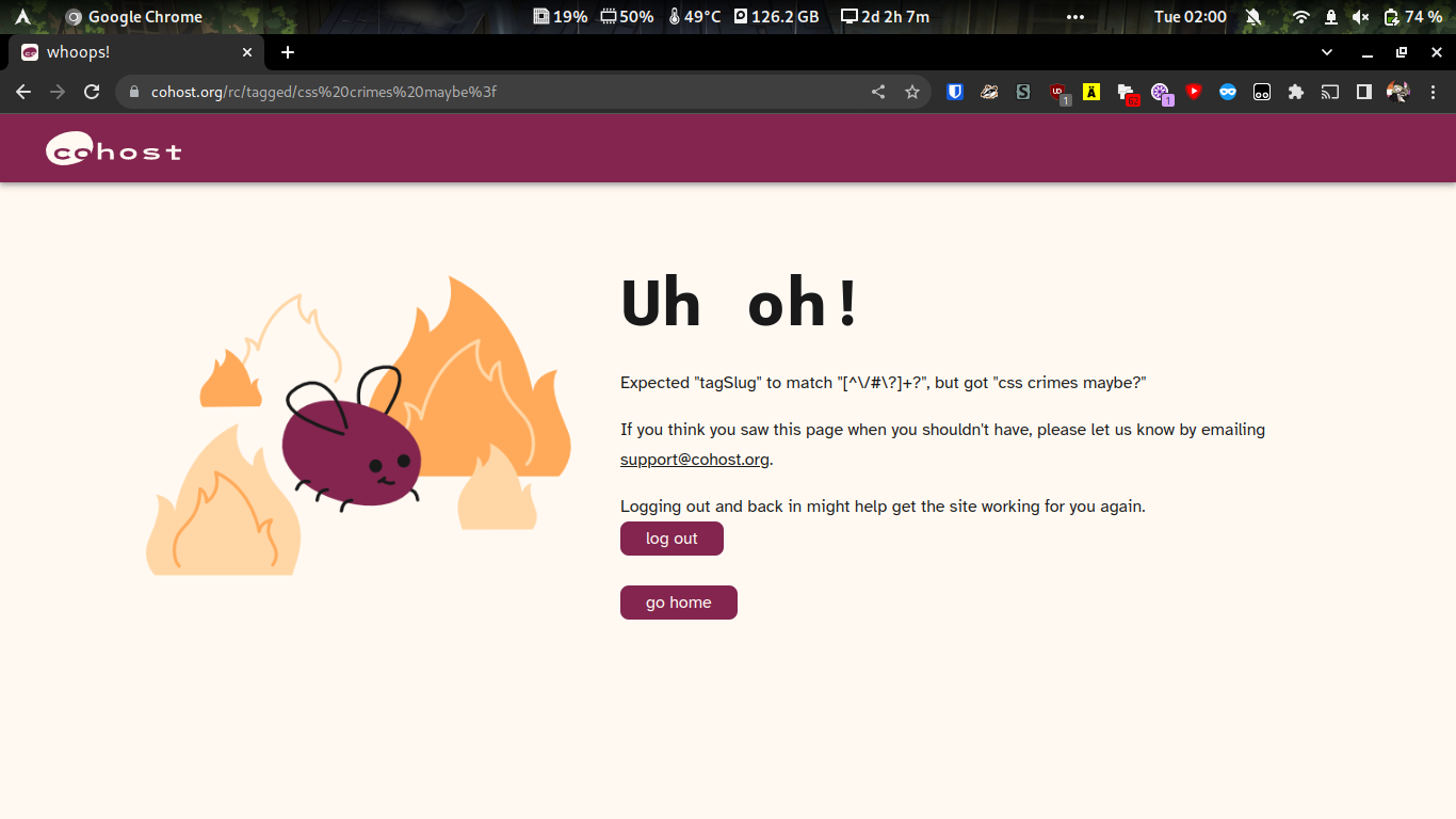 cohost's error page, complaining about the same thing as my local firefox dev tool thingy.
