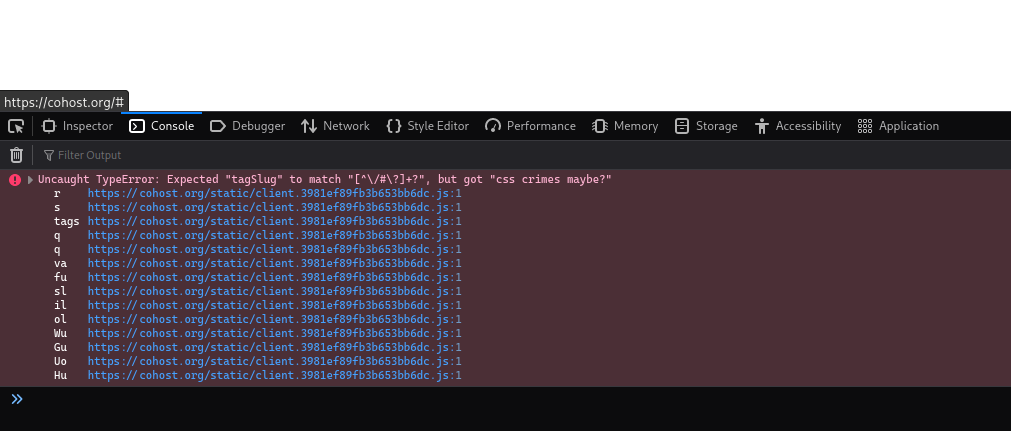 a screenshot of the firefox dev tools, where it complains about a tag named "css crimes maybe?" which doesn't fit to that one regex. a screenshot of the firefox dev tools, where it complains about a tag named "css crimes maybe?" which doesn't fit to that one regex.